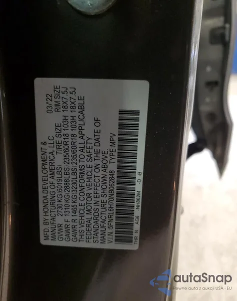 2022 Honda Odyssey Exl из США, поврежденный, VIN 5FNRL6H70NB062848